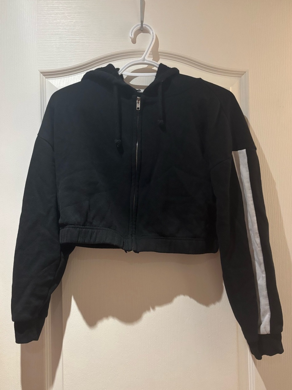 Forever 21 Black Cropped Bomber Jacket with White Sleeve Stripe